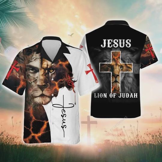 Discover Jesus Lion Of Judah Hawaiian Shirts, Jesus Short Sleeve Button Down Hawaiian Shirt