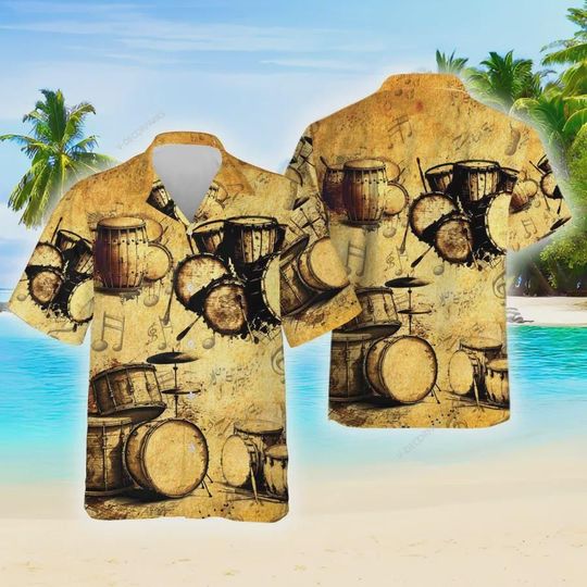Discover Vintage Drums Hawaiian Shirts, Vintage Summer Beach Shirt, Musical Instrument Aloha Shirt