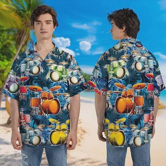 Discover Drum Tropical Pattern Shirts For Men, Drummer Shirt, Short Sleeve Shirts