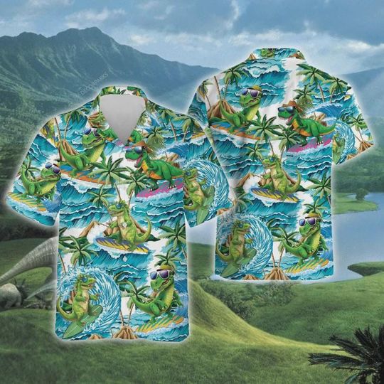 Discover Dinosaur Surfing Hawaiian Shirts For Men Women, Dinosaur Shirts
