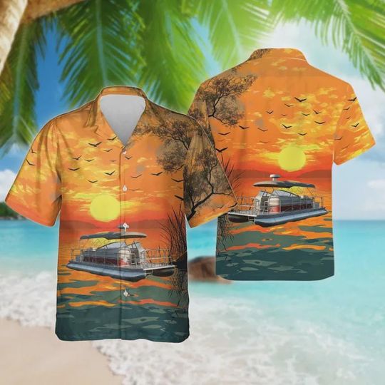 Discover 3d Pontoon Sunset Hawaiian Shirt, Pontoon Boat Casual Short Sleeve Button Down Shirt