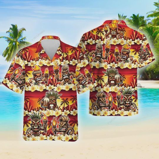 Discover Tribal Tiki Hawaiian Shirt, Tiki Hawaiian Summer Beach Shirt, Tropical Hibiscus Aloha