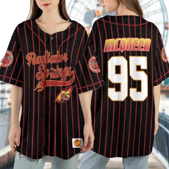 Discover carss Radiator Springs Lightningg McQueenn 95 Striped Baseball Jersey Shirt