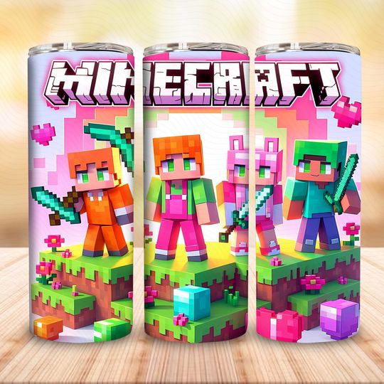 Discover Pink Cartoon Minecraft Game Characters 20oz Tumbler With Lid and Straw
