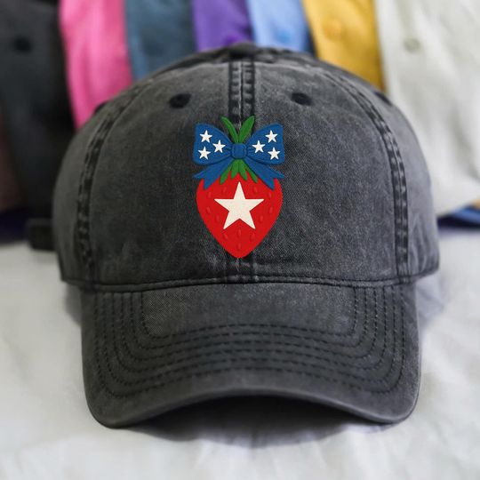 Discover 4th of July Strawberry Hat, Patriotic Bow Wash Hat, Preppy Strawberries