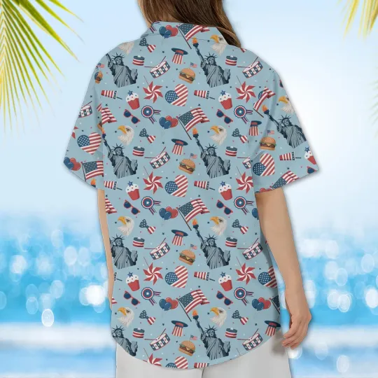 Discover Women’s Patriotic Hawaiian Shirt – 4th of July USA Flag Button-Up Top