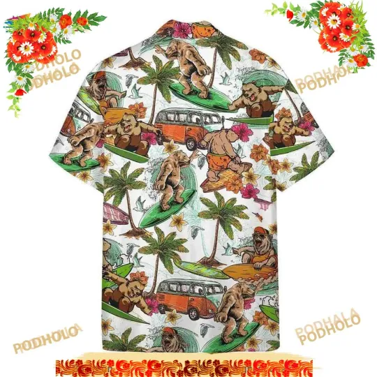 Discover 3D Bear Surfing Hawaii Shirt – Tropical Beach Shirt for Summer Lovers