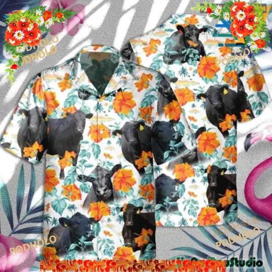 Discover Black Angus Cow Orange Floral Hawaiian Shirt, Cow Lover Hawaiian Shirt