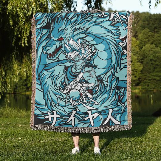 Discover Dragon Ball Z Anime Hand Woven Blanket |  Goku SSGS Blue Tapestry Throw | Manga New | Super Sayian