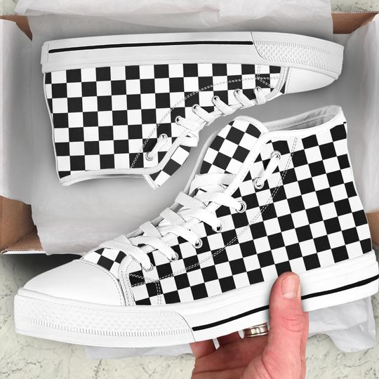 Discover Black and White Checkered Printed Men's High-Top Canvas Shoes
