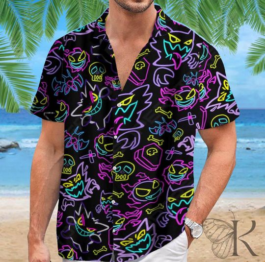 Discover Shadow King Hawaiian Shirt – Ghost & Neon Tropical Print for Summer Adventures