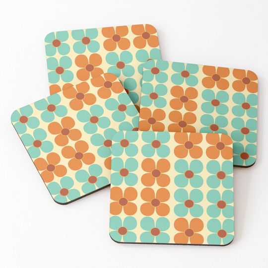 Discover Retro Land Flower Power Orange and Blue Coasters