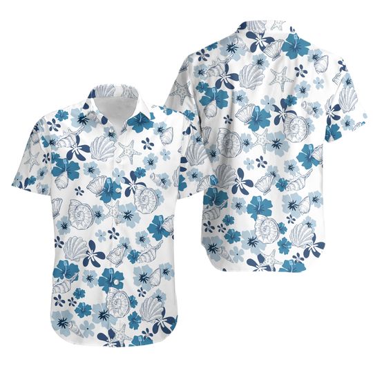 Discover Blue Ocean Seashell Hawaiian Shirt, Casual Summer Outfit, Starfish and Shell Beachwear, Tropical Resort Vacation Fashion