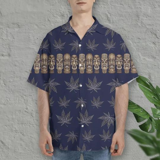 Discover Tiki Mask & Weed Leaf Hawaiian Shirt – Cannabis Pattern Aloha Short Sleeve Button Down