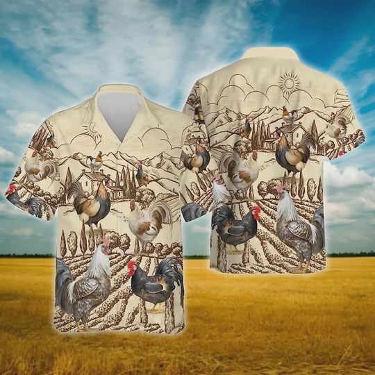 Discover Vintage Rooster Farm Scene Hawaiian Aloha Shirts, Button Vintage Aloha Hawaii Shirt