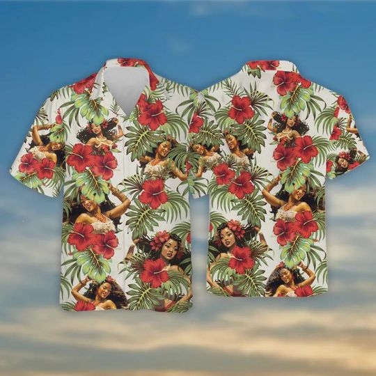 Discover Hula Girl Dancing Hawaiian Shirts, Tropical Summer Button Down Short Sleeve Shirts