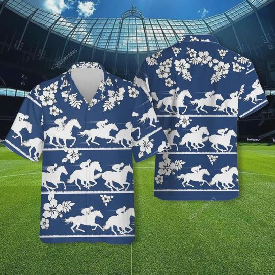 Discover Racing Horse Hawaiian Shirt – Blue Horse Rider Casual Summer Beach Shirt, Gift for Daddy