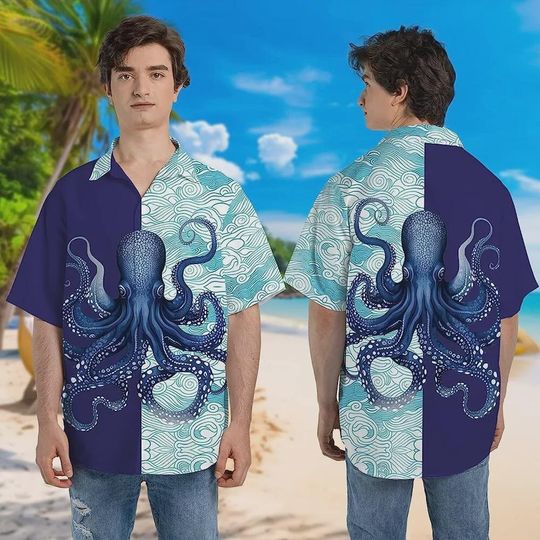 Discover Ocean Octopus & Waves Hawaiian Shirt – Casual Summer Beach Shirt, Gift for Daddy