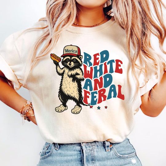 Discover Red White and Feral Shirt, Funny 4th of July Shirt, Feral Raccoon Tees