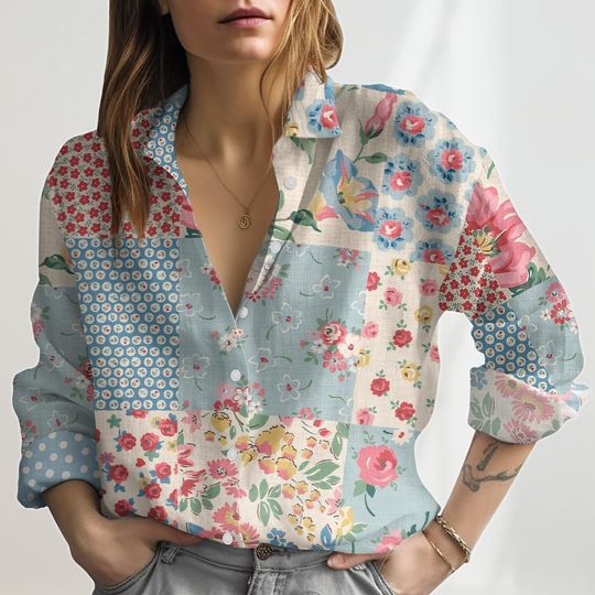 Discover Vintage Floral Linen-Look Shirt, Retro Wildflower Blouse Shirt