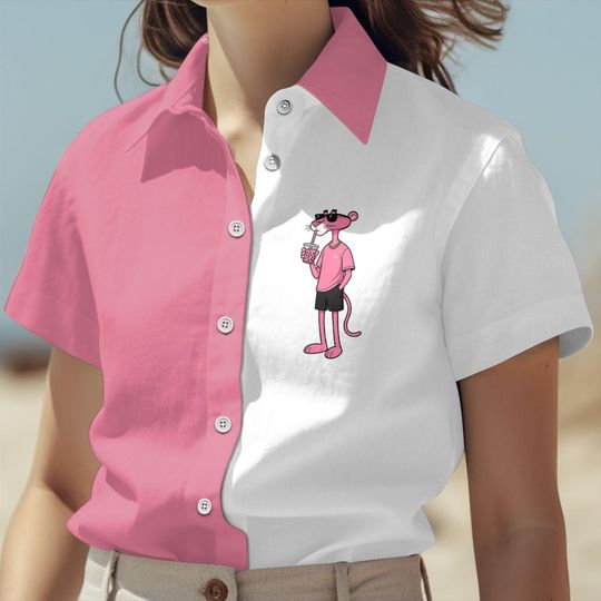 Discover Funny Pink Panther Button Shirt, Retro Cartoon Graphic Hawaiian Shirt, Panther Lover Gift, Birthday Pink Panther