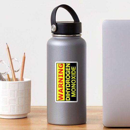 Discover warning sign of Dihydrogen Monoxide joke which is also known as water or  H2O Sticker