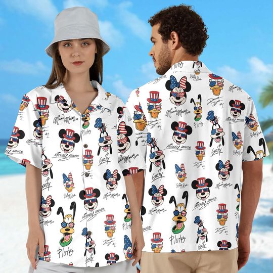 Discover 4th of July Mickeyy and Friends Signatures Hawaii Shirt, Disneyyy Mickeyy mouse Patriotic