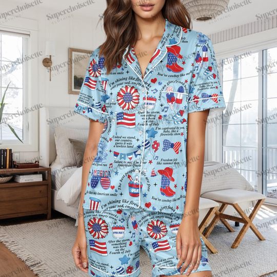 Discover Patriotic Lyrics Song 4th of July Satin Pajama Set, Americana Sleepwear