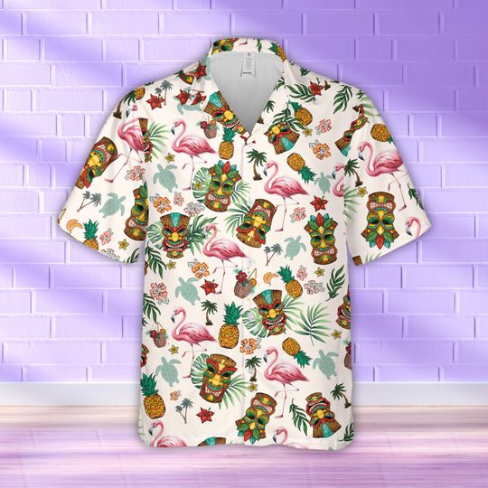 Discover Tiki Mask & Flamingo Hawaiian, Tropical Pink Flamingo Shirt