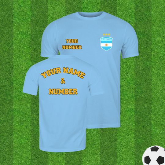 Discover Personalized Argentina National Team Soccer Jersey, Football Flag in Shield with Your Name and Number Tee