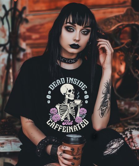 Discover Dead Inside But Caffeinated Skeleton T-shirt, Funny Coffee Shirt