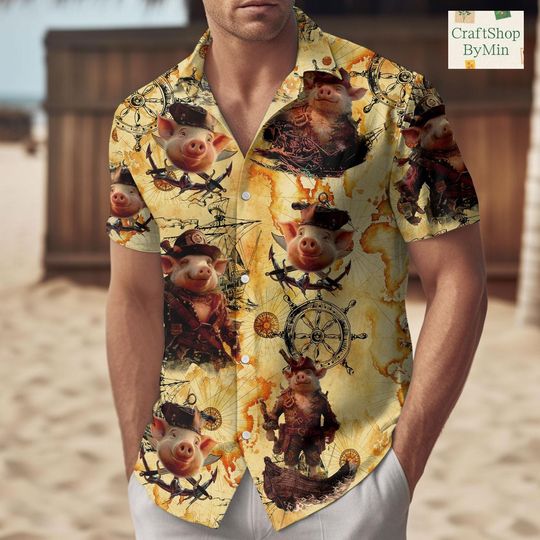 Discover Adventurous Pig Pirate Hawaiian Shirt, Pig Button Up Shirt, Summer Shirt for Men, Beach Gift for Pig Lovers, Pig Pirate Merch, Summer S