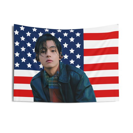 Discover Bangtan V Friends Photo American Flag Banner Tapestry, Kim Taehyung American Tapestry