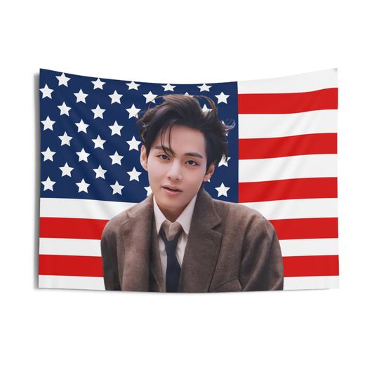 Discover Bangtan Taehyung in Brown Suit Photo American Flag Tapestry, Taehyung American Tapestry