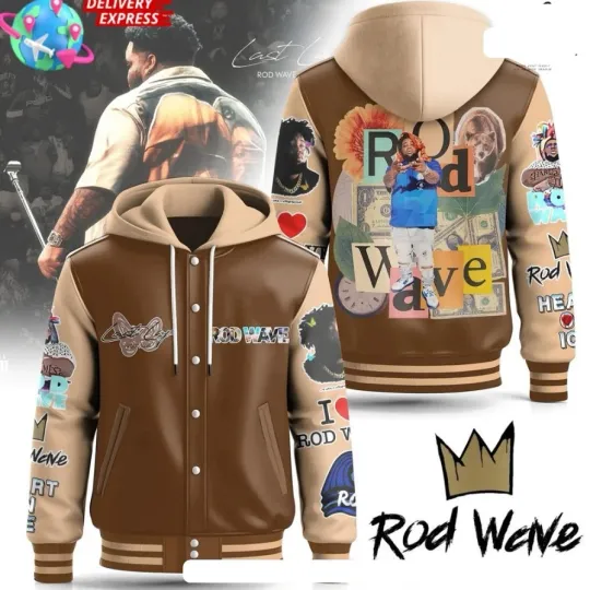 Discover Rod Wave Last Love Brown Hooded Baseball Jacket