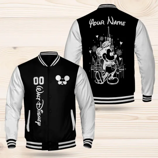 Discover Personalized Classic Mickeyy mouse Magical Castle Black & White Baseball Jacket