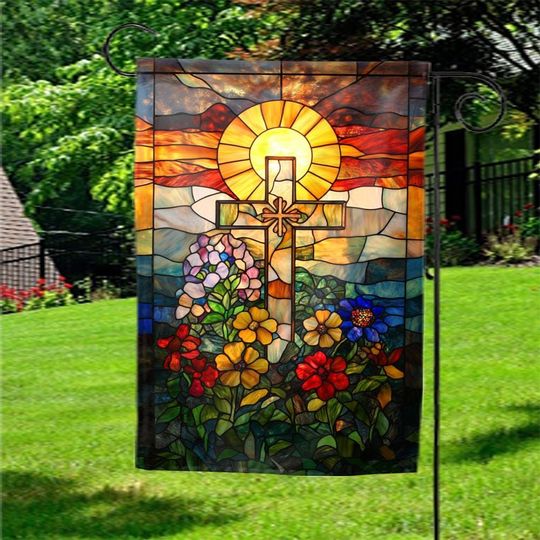 Discover Cross and Wildflower Stained Glass Flag, Christian Garden Decor, Spring Floral Faith