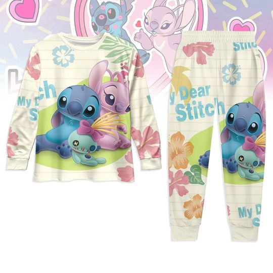 Discover Stitchh and Angel Couple Pajamas Set, Disneyyy Stitchh Couple T-Shirt Pants Set, Stitchh Heart Long Sleeve Pajamas Set, Pink Stitchh Sleepwea