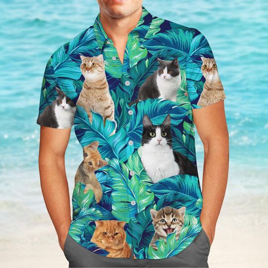 Discover Funny Cat Button Hawaiian, Tropical Hawaiian Shirt For Men, Summer Outfit