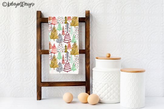 Discover Colorful Christmas Trees Tea Towel, Christmas Kitchen Decor, Holiday Dish Towel