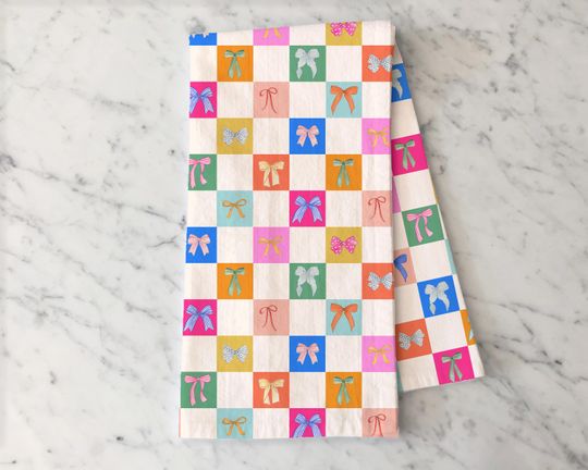Discover Checkered Bows Tea Towel, Colorful Bows Kitchen Decor, Dish Towel