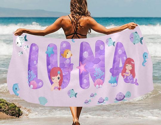 Discover Personalized Beach Towel with Name, Cute Mermaid Letters Custom Name Summer Beach Towel