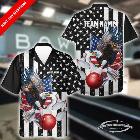 Discover Personalized American Flag Eagle Bowling Hawaiian Shirt, Black & White Patriotic Custom Shirt for Bowlers, Patriotic Outfit Bowling Events
