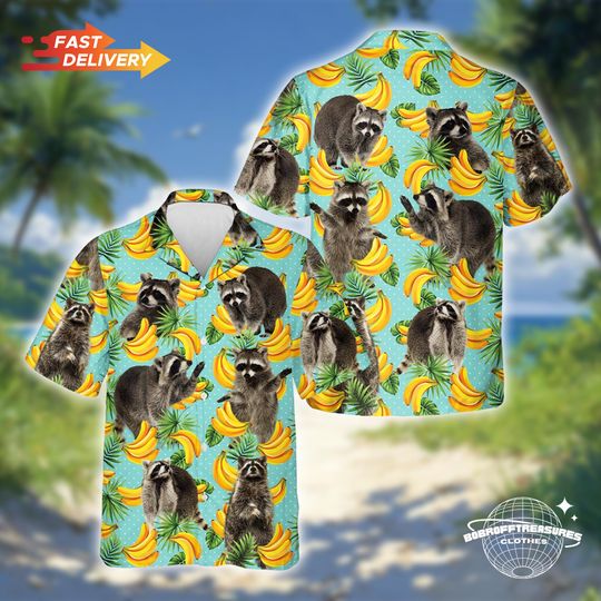 Discover Raccoon Banana Hawaiian Shirt, Fun Tropical Print Casual Beachwear, Summer Outfit, Gift for Animal Lovers