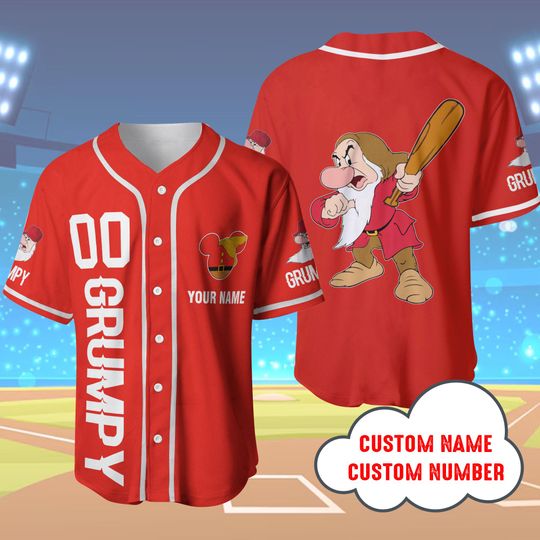 Discover Customized Grumpy Dwarf Red Baseball Jersey, Disneyyland Matching Shirt Cartoon Baseball Tee