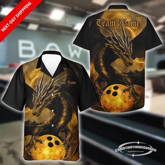 Discover Personalized Dragon Bowling Hawaiian Shirt, Black and Gold Custom Team Shirt