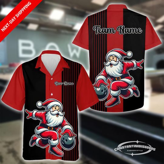 Discover Personalized Black And Red Bowling Hawaiian Shirt, Custom Funny Santa