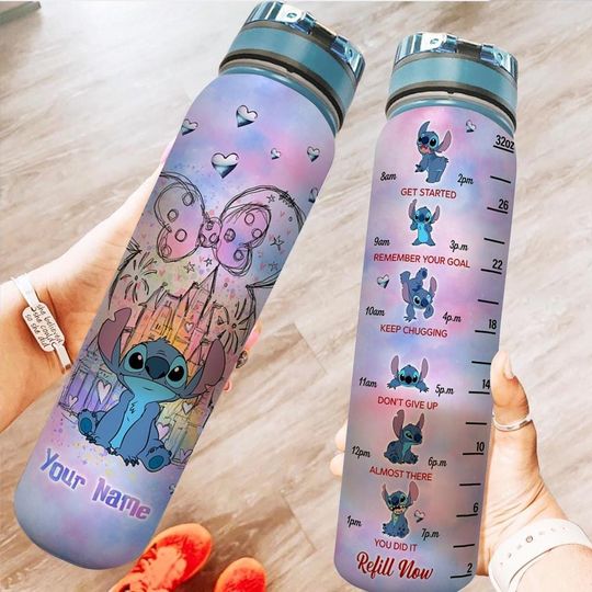 Discover Custom Disneyyy Stitchh 32oz Water Bottle, Mickeyy Castle Water Tracker Bottle