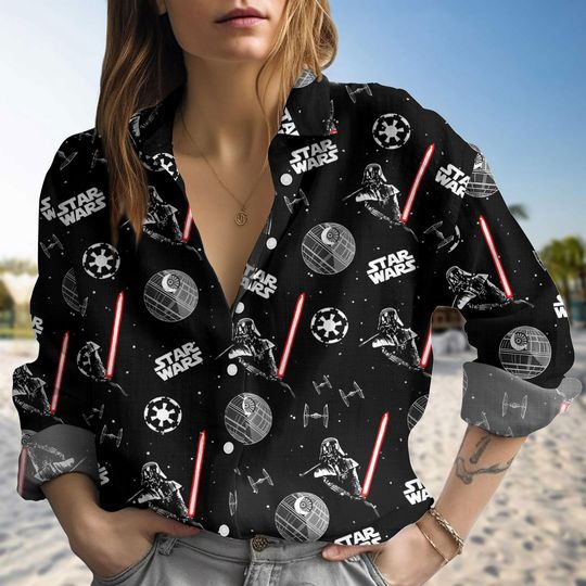 Discover Starr Warss Blouse Shirt, Galactic Sci-Fi Top For Women, Jedi Linen-look Shirt