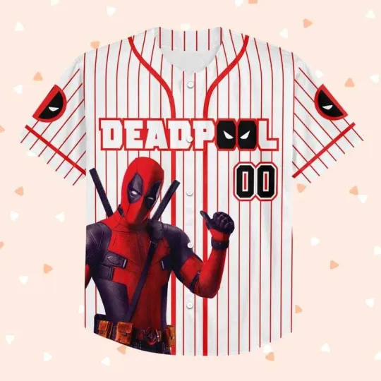 Discover Personalized Deadpooll Funny Superhero Red & White Striped Baseball Jersey Shirt